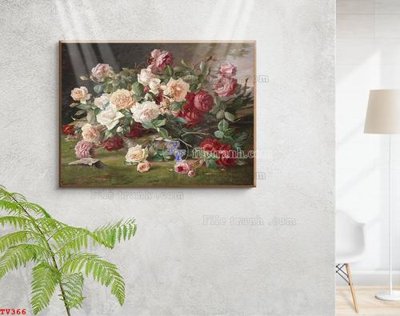 File tranh Tranh tĩnh vật sơn dầu hoa châu âu TV366 (file gốc) chủ đề phong thủy