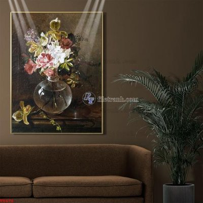 Download file gốc Tranh tĩnh vật sơn dầu hoa châu âu TV670 (in lụa) hoa lá