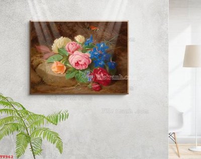 File gốc Tranh tĩnh vật sơn dầu hoa châu âu TV962 (in tráng gương) nghệ thuật