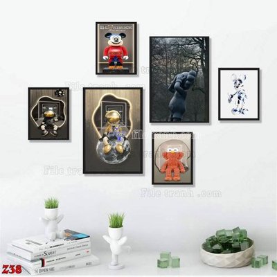 Ảnh gốc File tranh bộ 6 tấm kaws gấu bearbrick Z38 (độ nét cao) in mica