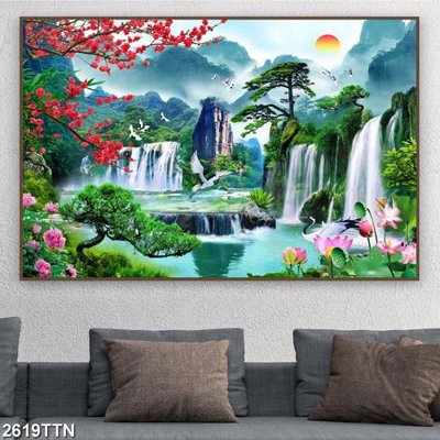 Ảnh mô tả file gốc in mica Tranh sơn thủy thác nước 2619TTN
