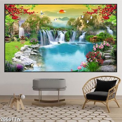 File gốc Tranh sơn thủy thác nước 2666TTN (in lụa) họa tiết 3D