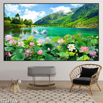 File gốc Tranh sơn thủy thác nước 2735TTN (in lụa) cao cấp