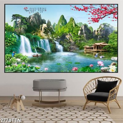 File tranh Tranh sơn thủy thác nước 2778TTN (bản gốc) in lụa 3D