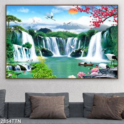 File gốc Tranh sơn thủy thác nước 2854TTN (in lụa) chi tiết cao
