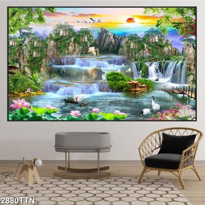 File ảnh Tranh sơn thủy thác nước 2880TTN (gốc) in quảng cáo ngoài trời