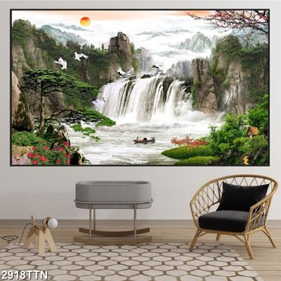 File gốc Tranh sơn thủy thác nước 2918TTN (in tráng gương) sang trọng