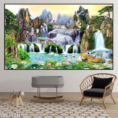 Tải file gốc in lụa Tranh sơn thủy thác nước 2963TTN siêu nét