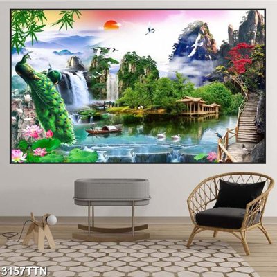 File gốc Tranh sơn thủy thác nước 3157TTN (cho in 3D) độc đáo