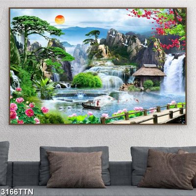 File gốc Tranh sơn thủy thác nước 3166TTN (in lụa) cao cấp