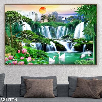 File gốc Tranh sơn thủy thác nước 3211TTN (in tráng gương) sang trọng