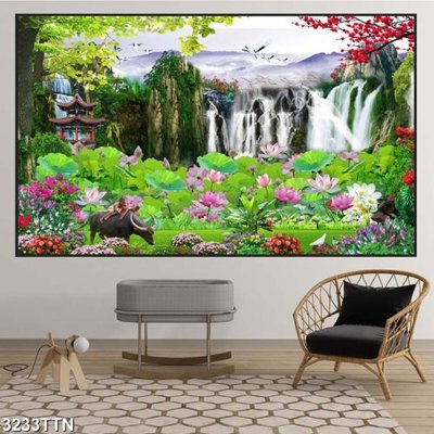 Download file gốc Tranh sơn thủy thác nước 3233TTN (in lụa) hoa lá