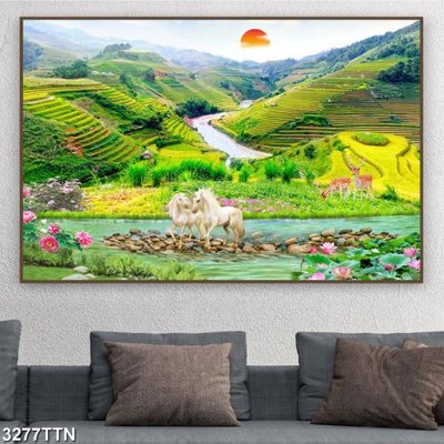 File gốc Tranh sơn thủy thác nước 3277TTN (in lụa) chi tiết cao