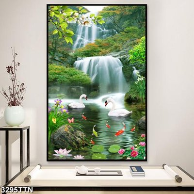 File gốc Tranh sơn thủy thác nước 3295TTN (in lụa) họa tiết 3D