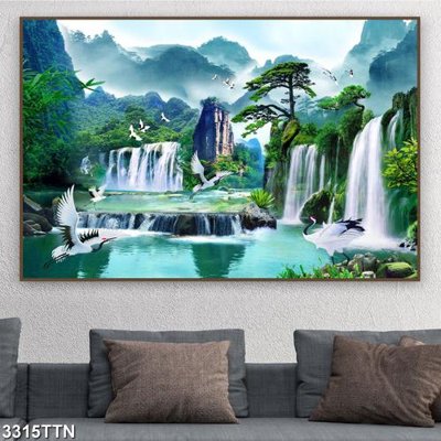 File gốc Tranh sơn thủy thác nước 3315TTN (in lụa) hoa văn cổ điển