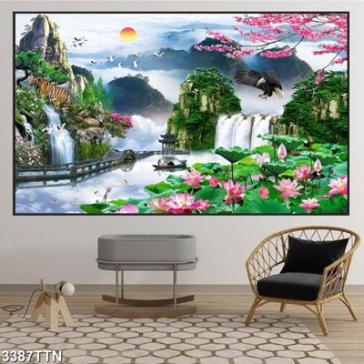File gốc Tranh sơn thủy thác nước 3387TTN (in lụa) tranh phong thủy