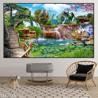 File gốc in ấn Tranh sơn thủy thác nước 3441TTN chất lượng vượt trội