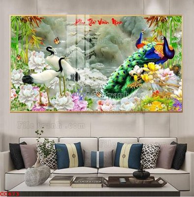 File in lụa File gốc tranh chim công CC473 (phong cảnh) File gốc tranh chim công CC473