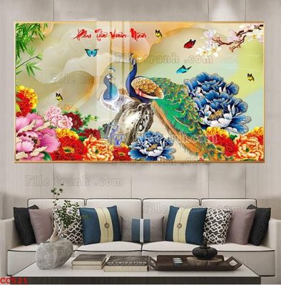 File gốc File gốc tranh chim công CC521 (in lụa) hoa văn cổ điển