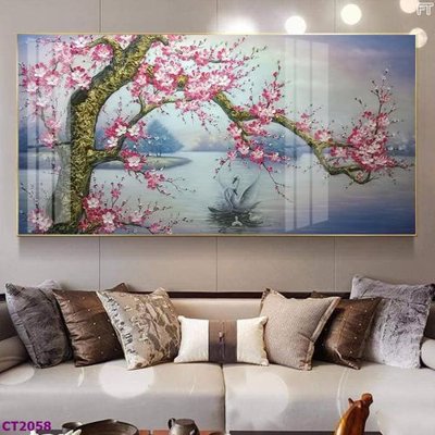 File tranh in tráng gương File tranh cây tiền tài lộc hoa đào tết CT2058 (siêu nét)