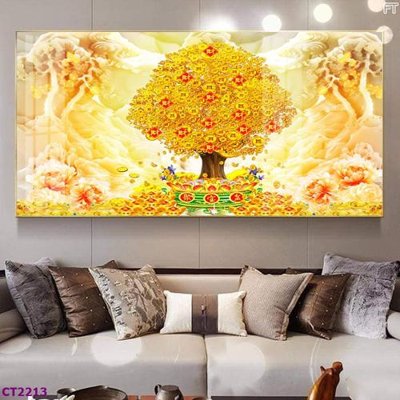 File in mica File tranh cây tiền tài lộc hoa đào tết CT2213 (bản gốc) sắc sảo