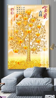 Download file gốc File tranh cây tiền tài lộc hoa đào tết CT2214 (in lụa) nghệ thuật