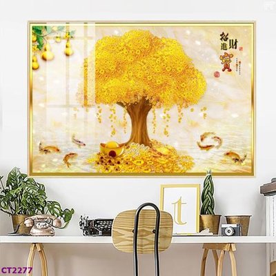 Download file gốc File tranh cây tiền tài lộc hoa đào tết CT2277 (in lụa) tranh 3D