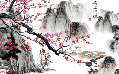 File in lụa File tranh hoa đào hoa mai tài lộc CT4090 (tân cổ điển) File tranh hoa đào hoa mai tài lộc CT4090