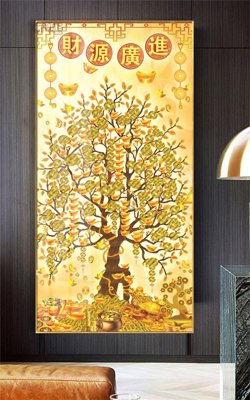 File gốc Tranh thần tài cây tiền CT415 (in lụa) tranh mã đáo