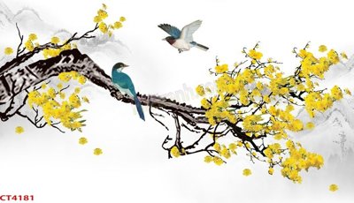 File ảnh File tranh hoa đào hoa mai tài lộc CT4181 (gốc) cho trang trí nội thất