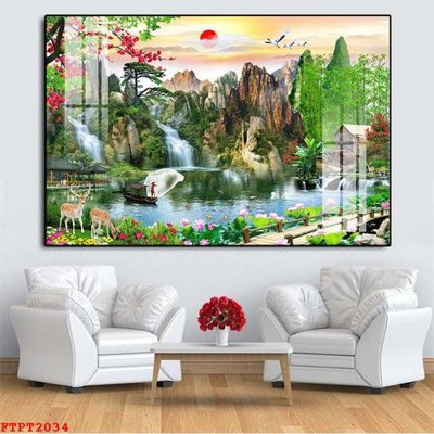 File gốc Tranh sơn thủy thác nước FTPT2034 (in lụa) họa tiết 3D
