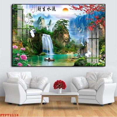 File tranh in tráng gương Tranh sơn thủy thác nước FTPT2118 (siêu nét)