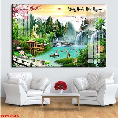 File gốc Tranh sơn thủy thác nước FTPT2144 (in lụa) tranh mã đáo
