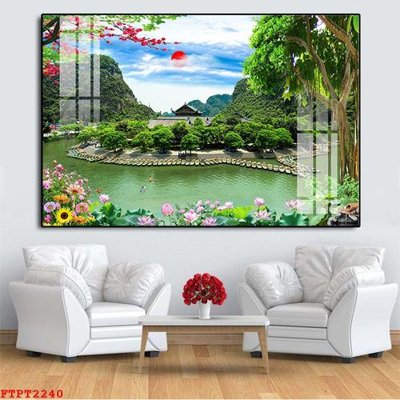 File gốc Tranh sơn thủy thác nước FTPT2240 (in lụa) tranh phong thủy