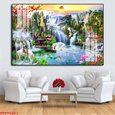 File tranh Tranh sơn thủy thác nước FTPT2261 (gốc) in trên kính