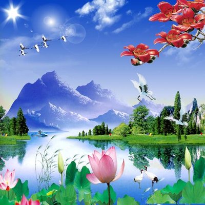 File in trần Tranh sơn thủy thác nước FTPT2393 (bản gốc) bầu trời