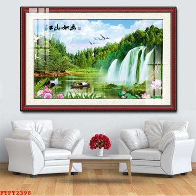 File gốc Tranh sơn thủy thác nước FTPT2398 (in lụa) tranh phong thủy
