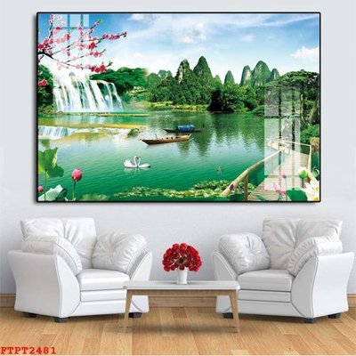 File in trần Tranh sơn thủy thác nước FTPT2481 (bản gốc) mây trời