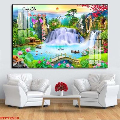 File gốc in tráng gương Tranh sơn thủy thác nước FTPT2538 chi tiết