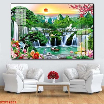 File in trần Tranh sơn thủy thác nước FTPT2559 (bản gốc) đại dương