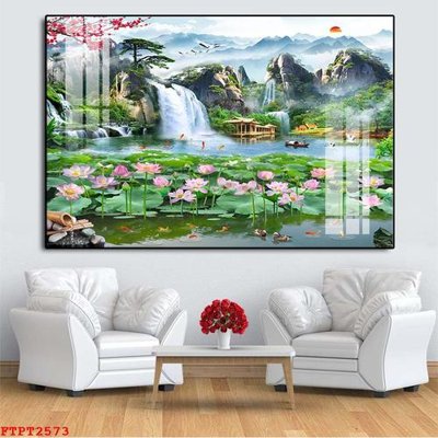 File in lụa Tranh sơn thủy thác nước FTPT2573 (chất lượng cao) Tranh sơn thủy thác nước FTPT2573