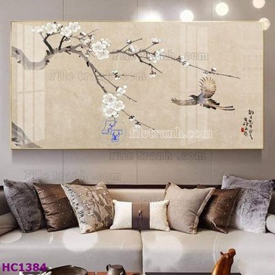 File tranh in trần 3D File tranh hoa và chim tối giản trung quốc HC1384 (ảnh gốc)