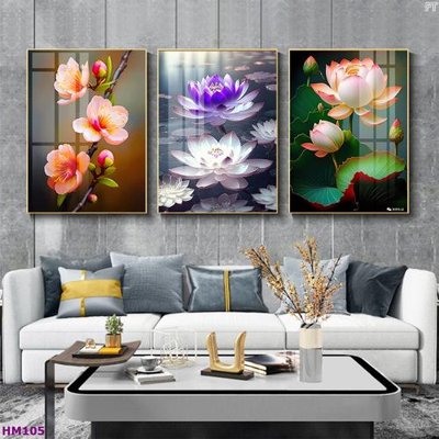 File gốc in ấn Tranh bộ 3 hoa sen 5d đẹp HM105 chuẩn màu CMYK