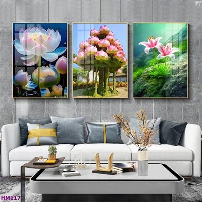 File in trần Tranh bộ 3 hoa sen 5d đẹp HM117 (bản gốc) phong cảnh