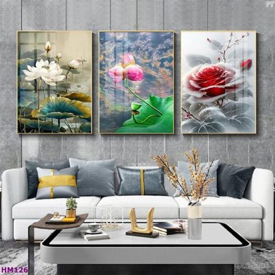 File tranh Tranh bộ 3 hoa sen 5d đẹp HM126 (gốc) chủ đề trừu tượng
