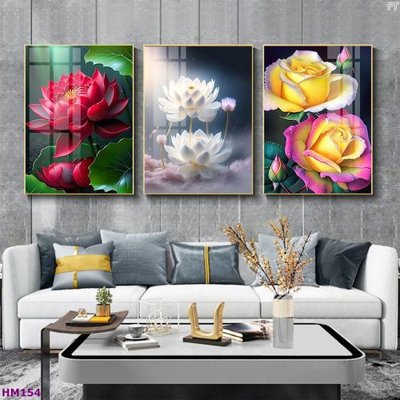 File gốc Tranh bộ 3 hoa sen 5d đẹp HM154 (in tráng gương) hiện đại