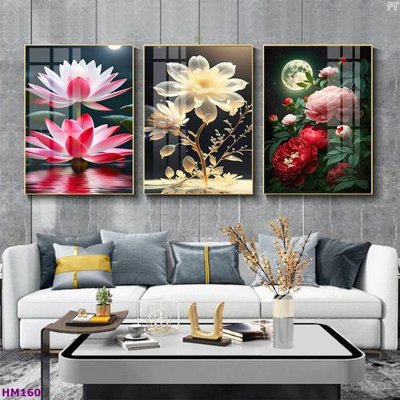 File tranh Tranh bộ 3 hoa sen 5d đẹp HM160 (bản gốc) treo phòng ăn