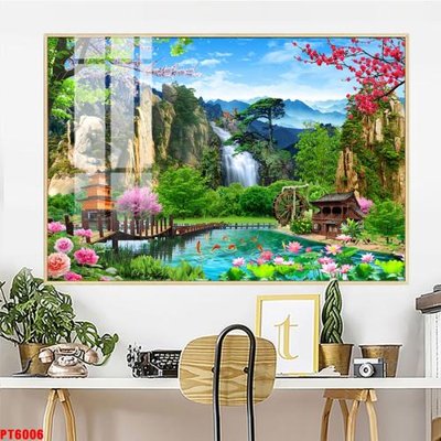 File tranh Tranh sơn thủy thác nước PT6006 (bản gốc) in lụa 5D