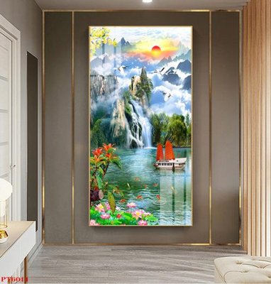 Tải file PSD Tranh sơn thủy thác nước PT6011 (nguyên layer) để in