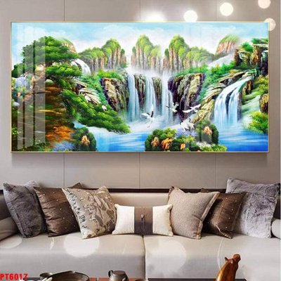 File gốc Tranh sơn thủy thác nước PT6017 (in lụa) tranh phong thủy